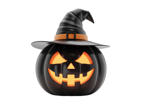 Black pumpkin with carved face and witch hat