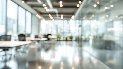 Blurred modern office space with desks chairs large windows and recessed lighting