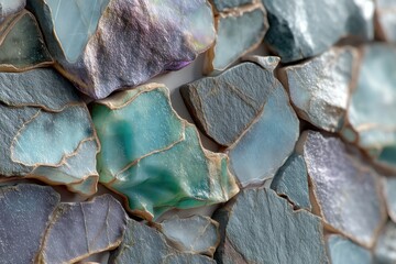 An abstract background featuring stones of various sizes in cool blues, greens, and grays with shimmering gold accents, forming an intricate mosaic pattern, a unique visual texture.
