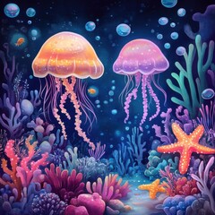 Naklejka premium Colorful jellyfish swimming in deep sea with coral reef and glowing marine life.