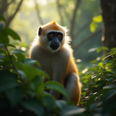Fototapeta premium Monkey Sitting Among Foliage in Forest Sunlight