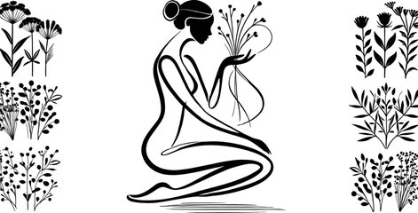 Black-and-white minimalist artwork of a woman leaning over a bouquet of dried herbs, with delicate lines symbolizing aroma; features an elegant oil drop silhouette to evoke wellness and serenity.
