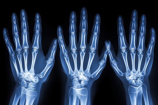 Detailed x-ray of human hands showing bones and joints, with a blue hue, providing insights into anatomy, diagnostics, and medical imaging for healthcare analysis.