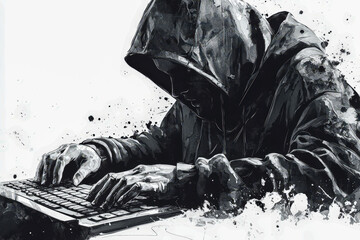 Digital hacker in a hoodie working on a keyboard with a splatter art style