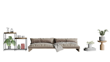 a couch and a table with a plant on it