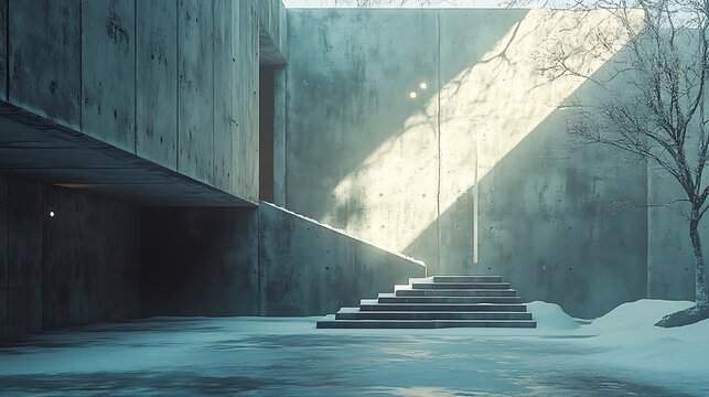 Architectural Serenity: Cold winter light illuminating brutalist concrete steps - Powered by Adobe