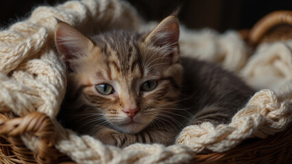 Sleepy kitten inside a woven basket, portrait of a cat