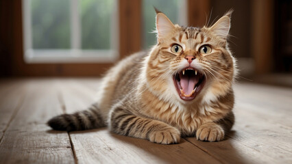 cat on a wooden table, funny cat sticking out its tongue while sitting on a wooden floor