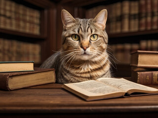 cat with a book on a table, with antique bookshelves and a warm and academic atmosphere behind it.