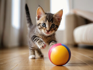 kitten playing a colorful ball on a wooden floor indoors