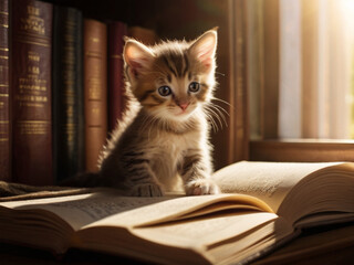 kitten on the books with its little paws resting on an open page and warm sunlight
