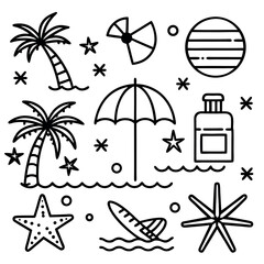 Obraz premium Black and white summer beach holiday icons and symbols for vacation and relaxation designs
