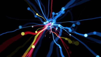 Macro illustration of energized particles colliding with a bright explosion of colorful energy lines, capturing dynamic subatomic forces in vivid detail.