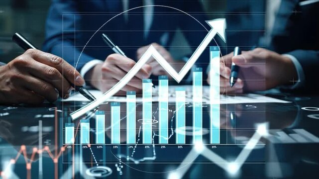 Strategic Vision: Professionals collaborate over data, a dynamic image representing financial growth, successful business strategies, and investment planning.
