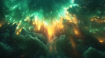 Obraz premium Awe-Inspiring Celestial Display: Emerald and Gold Radiance in Starry Sky