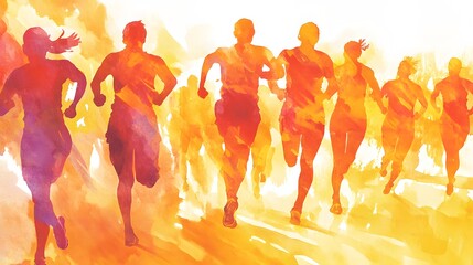 Runners in vibrant colors, a spirited race.