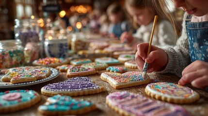 Children Decorating Christmas Cookies with Frosting and Sprinkles: Holiday Baking Fun and Festive Family Activity.
