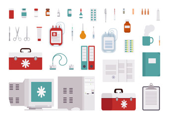 Medical supplies, healthcare products and first aid items set. Kit for providing clinical therapy, surgical instruments, pharmaceuticals, professional selection of hospital tools. Vector illustration