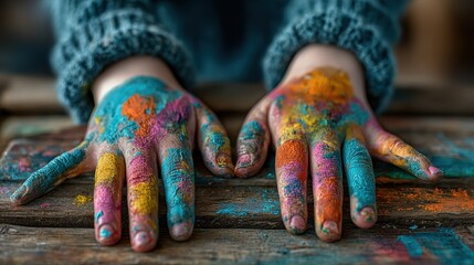 Colorful Hands of a Young Artist: Close-up of Painted Hands on Wooden Surface, Expressing Creativity and Artistic Expression
