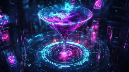 A glowing holographic cocktail glass with a neon galactic swirl above a digital sci-fi table.