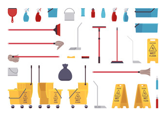 Household cleaning supplies pack, professional accessories bundle set. Indoor sweep, washing tool care kit, office, kitchen, lobby floor, daily cleaning chores needs, useful items. Vector illustration