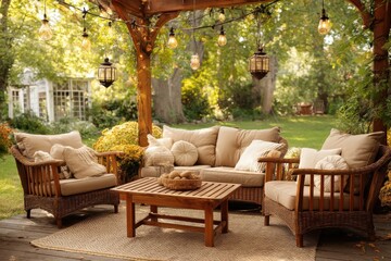 Fototapeta premium Cozy outdoor patio setup with wicker furniture, string lights, and a wooden pergola, creating a relaxing and inviting atmosphere in a lush garden setting.