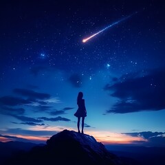 Fototapeta premium Silhouette of girl standing on mountain and night sky with shooting star. Alone concept. high resolution for isolate image