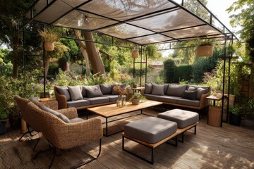 Luxurious outdoor living space with comfortable seating, surrounded by lush greenery, a tranquil patio, and a relaxing ambiance with nature views.