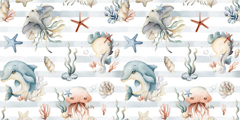 Cute sea animals and plants. Dolphin seahorse shell. Watercolor blue striped summer seamless pattern on white background © Leyla