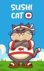 Cat Japanese sushi cook cartoon character illustration. Sushi restaurant advertising banner with logo. Fat smiling cat Japanese chef stands with his arms crossed