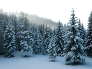 Snow covered pine trees in a winter forest