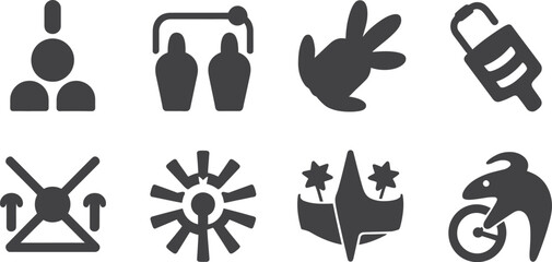 A collection of eight different black and white icons arranged in two rows on a white background