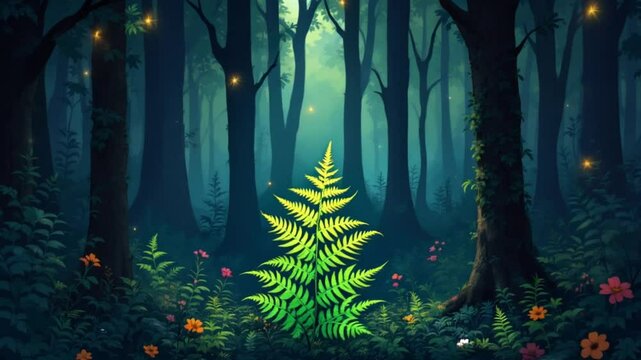 Enchanting forest with luminous fern and fireflies amidst the mysterious woods