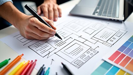 Designer sketching website interface layout on paper with markers and laptop computer, design, website, mockup, interface, sketching, drawing, planning, ui, ux, wireframe, layout, concept, creative, d