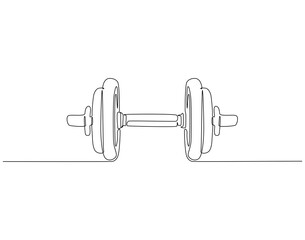 Continuous one line drawing of barbell. One line drawing illustration of barbell gym equipment. Fitness, training concept single line. Editable outline