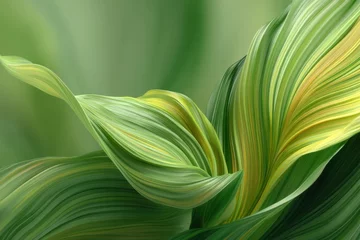 A close-up photograph of vibrant green and yellow leaves with swirling patterns, showcasing natural beauty and intricate details in botanical nature photography.