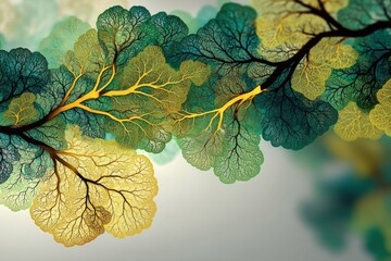 An artistic illustration of tree branches with golden and teal leaves on soft background, representing growth, nature, and unique artistic expressions.