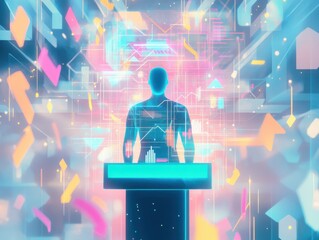 Human figure immersed in digital space surrounded by floating data and abstract colorful shapes, symbolizing tech immersion.