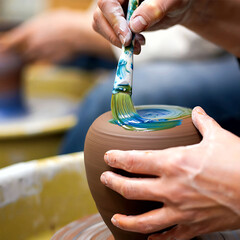 Close-up of an artisan hand-painting ceramic pots with vibrant colors in a pottery workshop