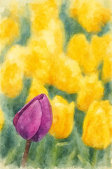 Purple Tulip Among Yellow Tulips &ndash; AI Enhanced Watercolor Style
