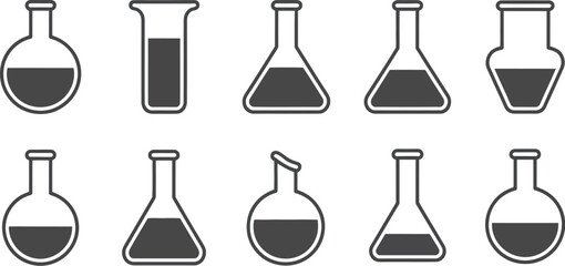 A collection of ten different laboratory glassware items filled with a dark liquid on a white background