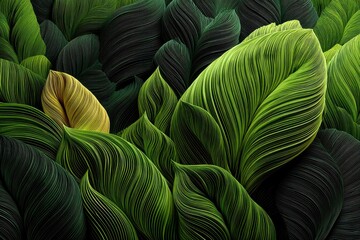 An artistic illustration of layered green leaves with unique line pattern and one yellow leaf, creating a serene and natural background with depth and texture.