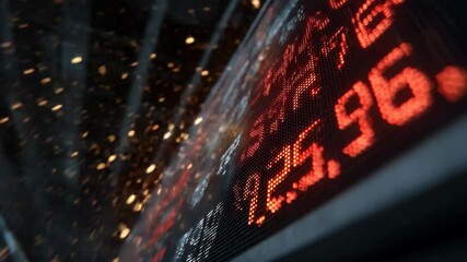 Stock market digital ticker revealing percentage loss with vibrant orange sparkles falling dynamically against dark background, highlighting financial volatility and economic uncertainty - Powered by Adobe