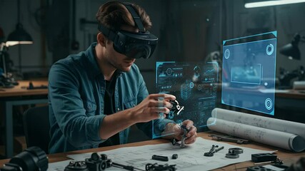 Engineer using VR headset in workshop
