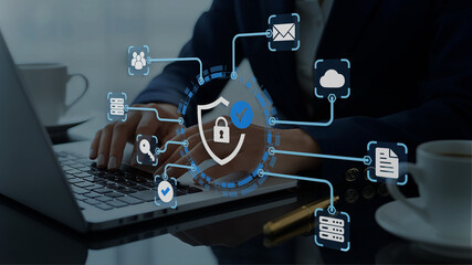 Secure data protection and network security systems. VPN connections and zero trust security. Man...