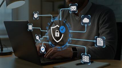 Secure data protection and network security systems. VPN connections and zero trust security. Man...