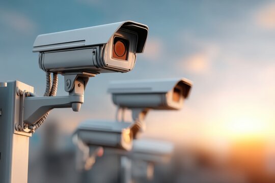 A close-up of security cameras in outdoor environment, featuring modern surveillance technology against a bright sky with sunset, ensuring safety and security.