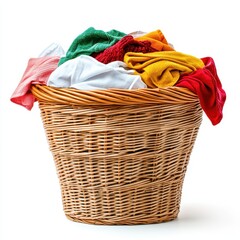 A wicker laundry basket overflowing with colorful, crumpled clothing items against a stark white background