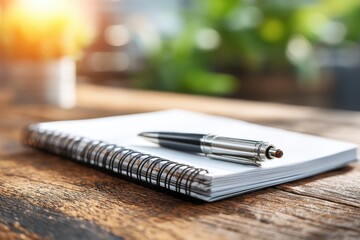A close-up shot of a pen lying on top of a blank spiral notebook on a wooden desk, set against a blurred green foliage background creating a serene workspace vibe.