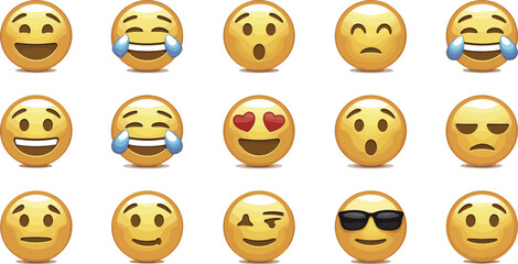 Fototapeta premium Fifteen yellow emoji icons showing different expressions on a white background in a horizontal layout